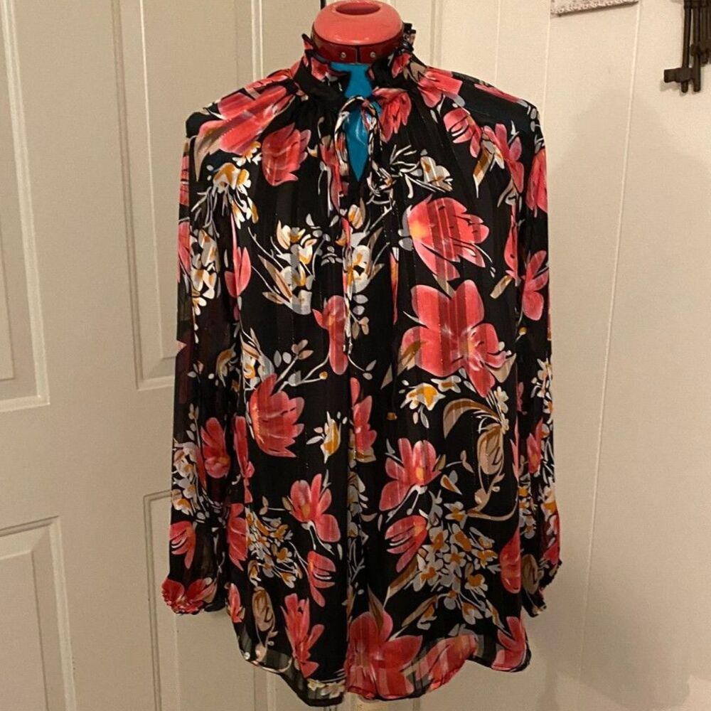 Floral Boho Oversized High Ruffle Neck Long Sleeve Tunic Top Women Size M